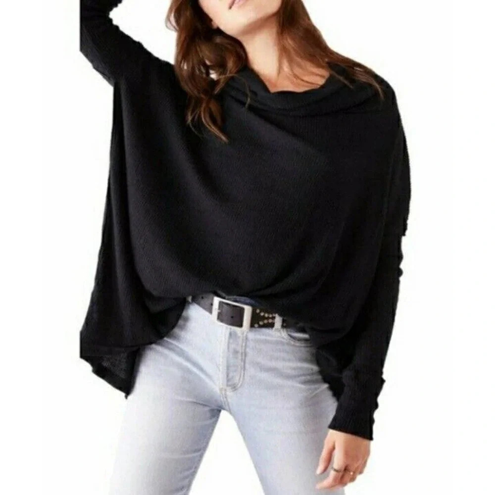 Free People Women's Juicy Long Sleeve Cowl Neck Split Back Top Black Size Small